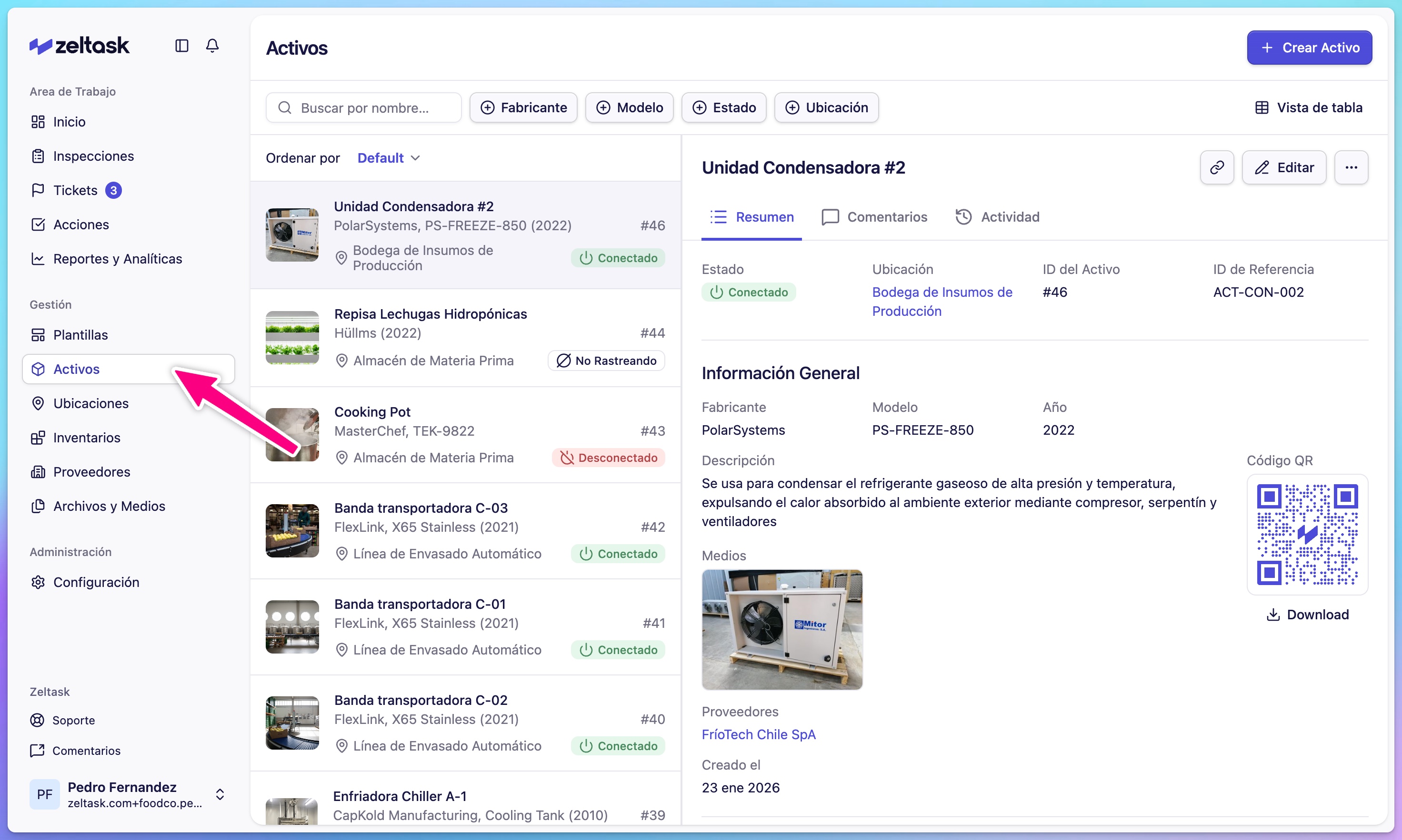 Sidebar with Assets menu item highlighted